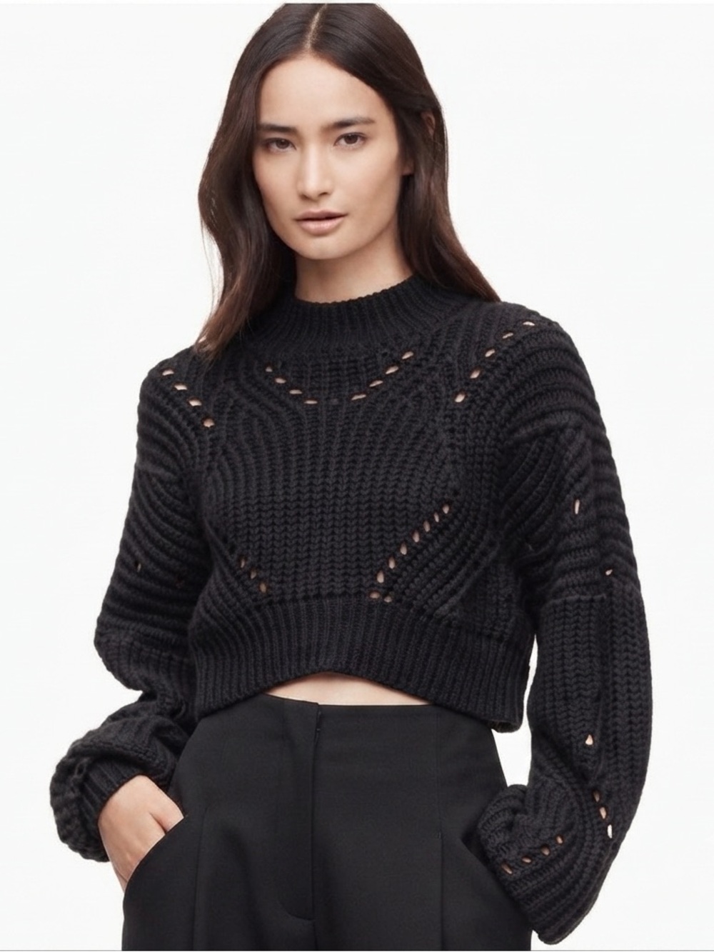 Aritzia Wilfred Sz M Goulaine Black Merino Wool Crop Sweater